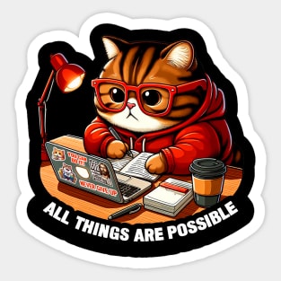 All Things Are Possible Chubby Tabby Cat Laptop Homework Hardworking Study Hard Sticker